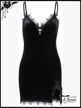 Gothic Velvet Halter Mini Dress Spaghetti Straps Slim Bodycon Backless Alt